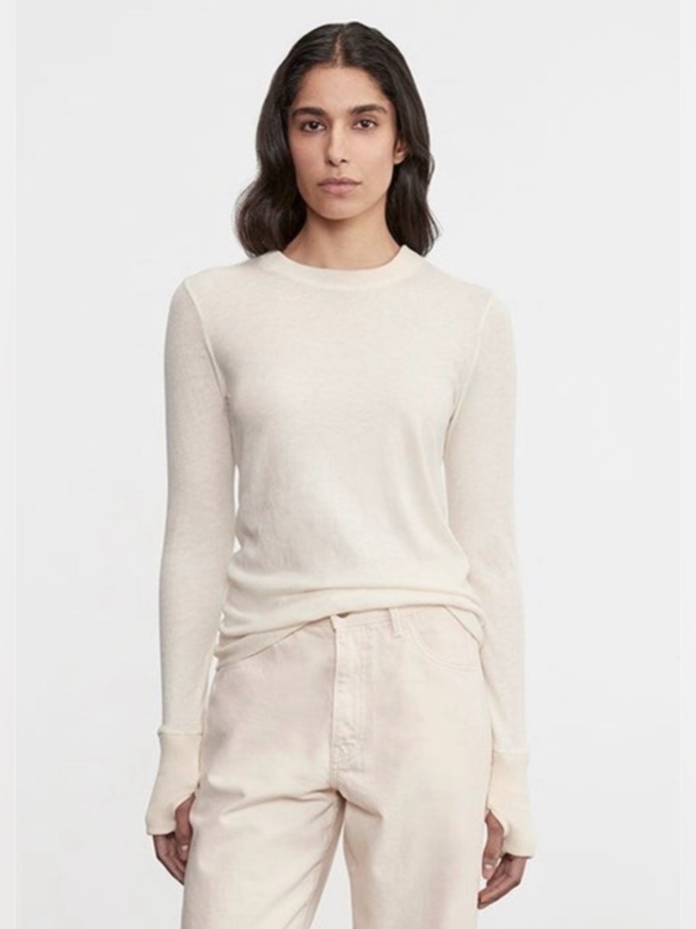 ENZA COSTA Cashmere Easy Cuffe Crew Top Womens Small Natural Cream